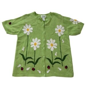 Quaker Factory Daisy Ladybug Embroidered Short Sleeve Cardigan Sweater Women